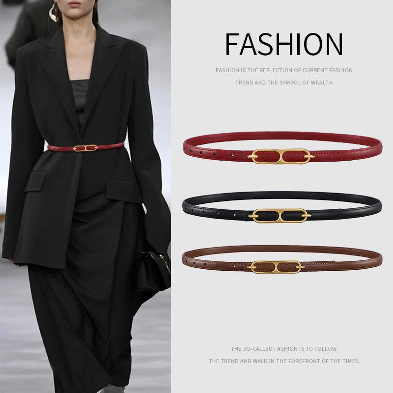 Genuine Leather Thin Belt with Double Ring Smooth Buckle