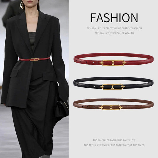 Genuine Leather Thin Belt with Double Ring Smooth Buckle