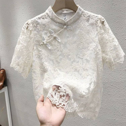 Lace Long Sleeve Blouse with Button Detail