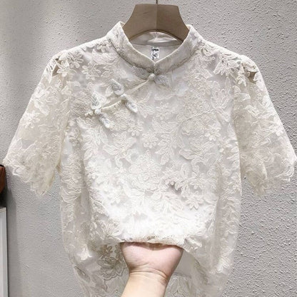 Lace Long Sleeve Blouse with Button Detail