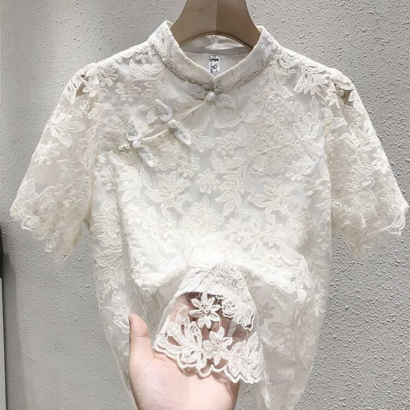 Lace Long Sleeve Blouse with Button Detail