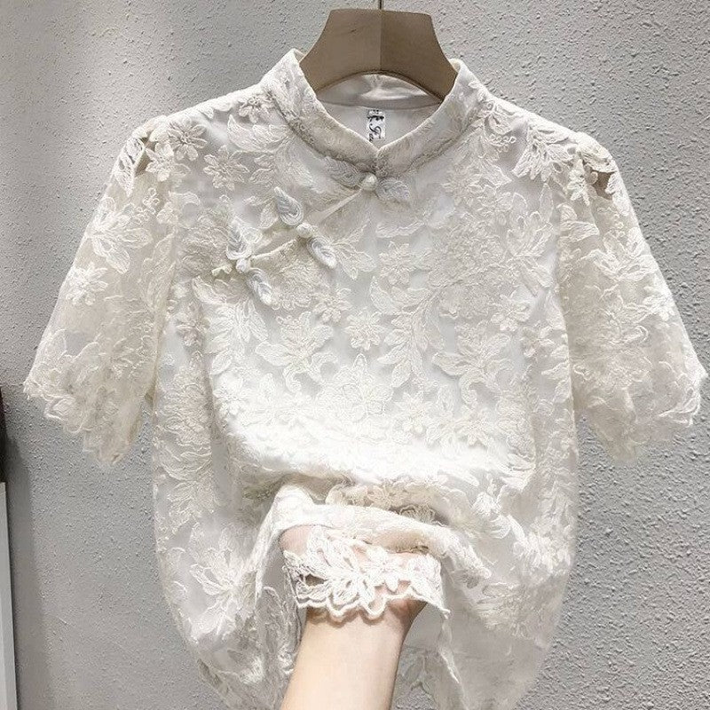 Lace Long Sleeve Blouse with Button Detail