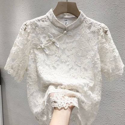 Lace Long Sleeve Blouse with Button Detail
