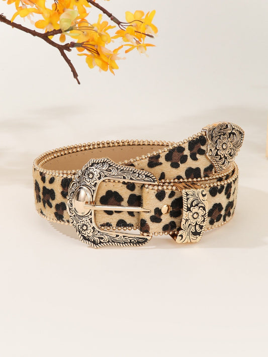 Mira Wide Leopard Print PU Leather Belt with Rhinestone Buckle