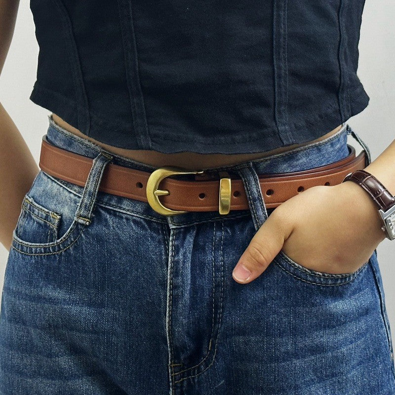 Retro Genuine Leather Jeans Belt with Copper Pin Buckle
