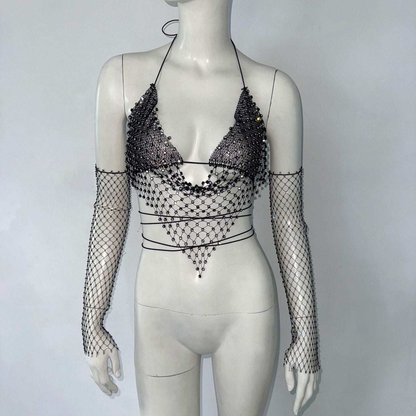 Seraphine Rhinestone Fishnet Crop Top Set with Lace-Up Straps