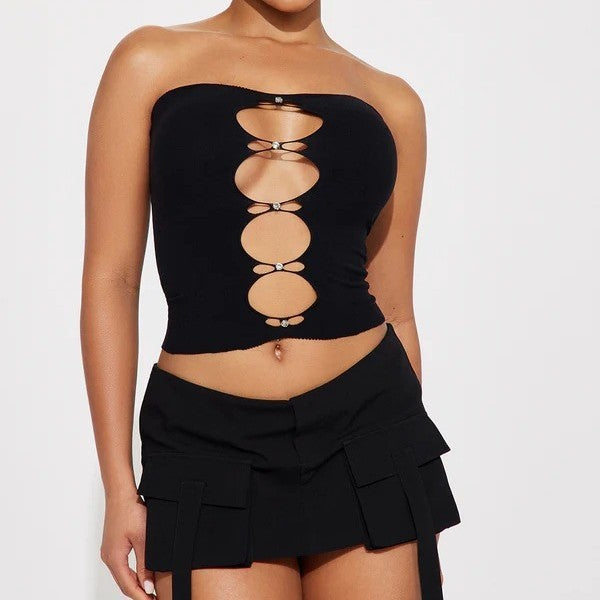 Sexy Hollow-Out Strapless Tube Top with Diamond Accent