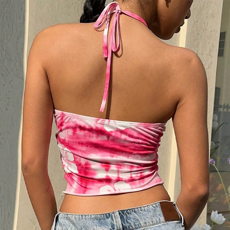 Vespera Tie-Dye Halter Tube Top with Spaghetti Straps