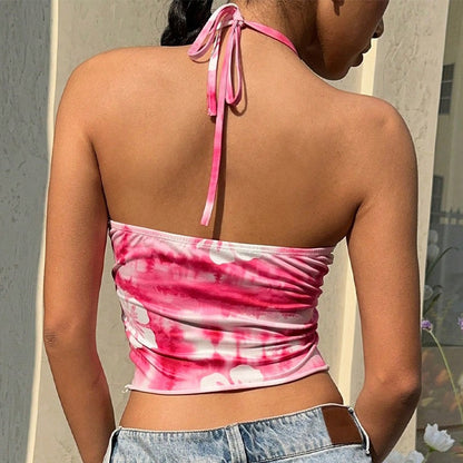 Vespera Tie-Dye Halter Tube Top with Spaghetti Straps