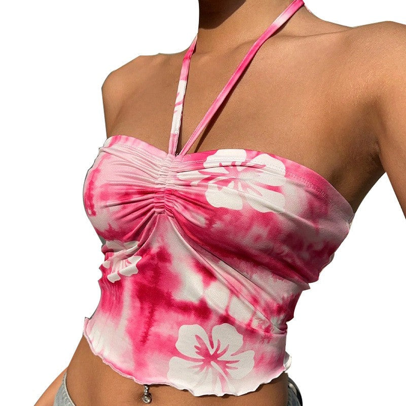 Vespera Tie-Dye Halter Tube Top with Spaghetti Straps