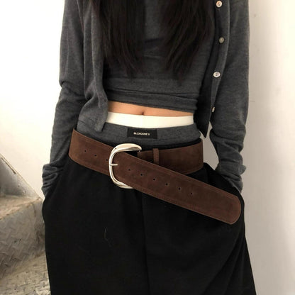 Xiangya Suede Wide Pin Buckle Belt with Retro Silver Alloy Buckle