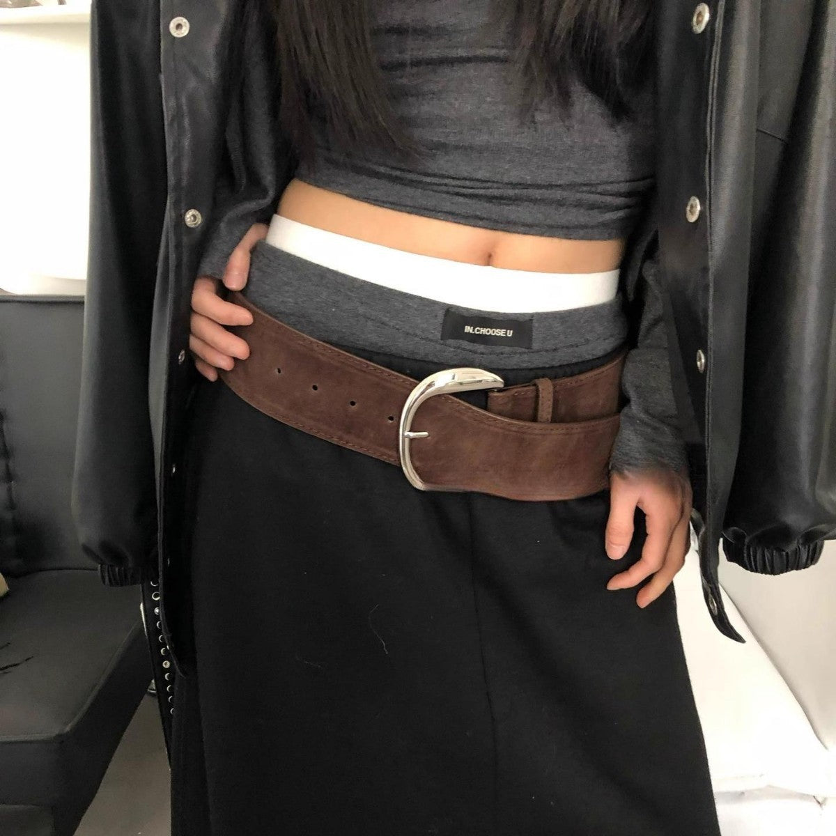 Xiangya Suede Wide Pin Buckle Belt with Retro Silver Alloy Buckle