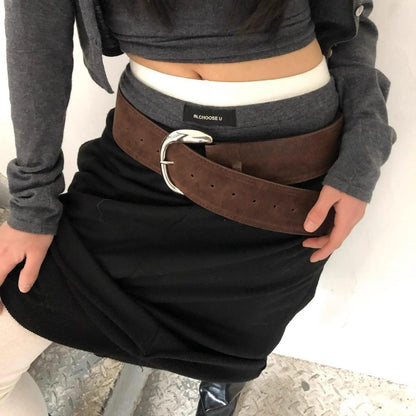 Xiangya Suede Wide Pin Buckle Belt with Retro Silver Alloy Buckle